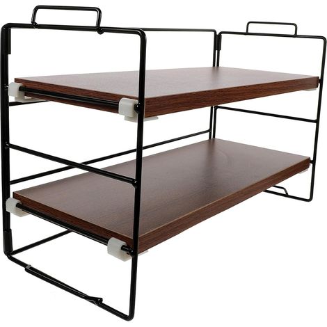 Étagère de bureau à maquillage à 2 niveaux, cadre noir et finition noyer, présentoir à cosmétiques pour coiffeuse et rangement de bureau