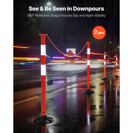 Poteau de Signalisation 2PCs 87,1 cm, Balise de Délimitation avec Base Lestée, Bandes Réfléchissantes et Chaîne, Délinéateur de Circulation pour Contrôle des Foules, Chantier Parking, Rouge (1/5)