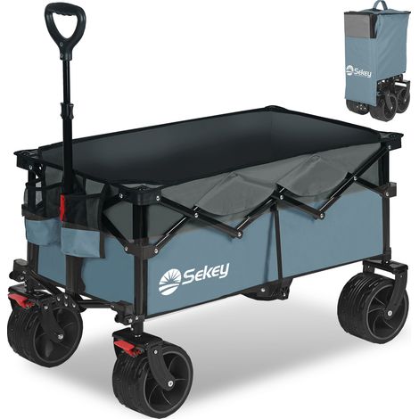 Sekey 150KG Bollerwagen Faltbar Handwagen mit Bremsen und breiten Reifen, 4-fach zusammenklappbares Design, Blau