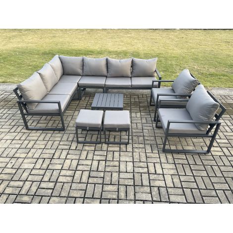 Fimous 10 Seater Aluminium Garden Furniture Set Outdoor Lounge Corner Sofa 2 Pcs Chair Square Coffee Table Sets with 2 Small Footstools Dark Grey (1/5)