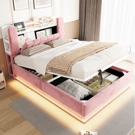 Lit rembourré 140 x 200 cm rose avec LED, USB, rangement et sommier à lattes métal (1/5)