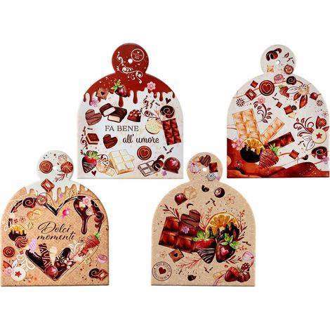 Sottopentola in ceramica lucida con base in sughero da appendere / appoggiare con stampa dolcetti / cioccolato, set da 4 pezzi, cm 18 x 23 H