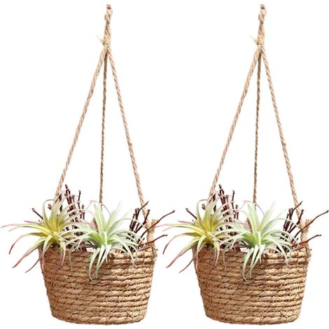 Panier suspendu artisanat original 20cm 2 pièces panier floral en rotin pot suspendu corde de chanvre décoration murale ivy verte panier naturel (1/5)