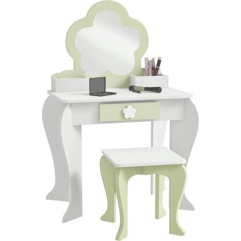Tavolino da trucco per bambini con specchio e sgabello, cassetto, contenitori portaoggetti, design floreale, per bambini dai 3 ai 6 anni - Bianco