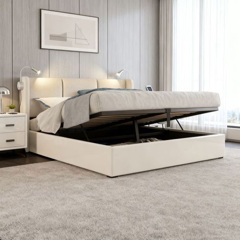 Lit 160x200 cm, NEXU, lit coffre avec sommier Ă lattes, cadre de lit adulte avec Lampe de lecture, tissu en lin, 160x200 cm, beige