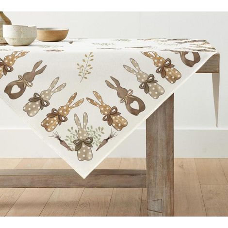Nappe de Pâques motif lapin, 120x120 cm, lavable, carrée, Beige/Brun
