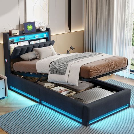 Cama de 90 x 200 cm con canapé, somier de láminas, cajones extensibles y compartimentos de almacenamiento, puertos de carga USB y tipo C, iluminación LED ajustable, terciopelo gris. (1/5)