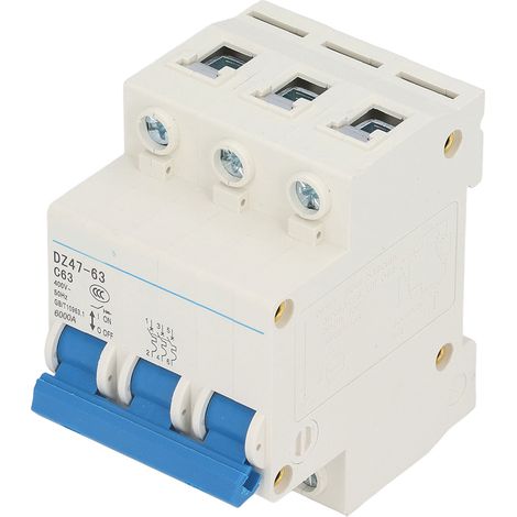 Disjoncteur miniature triphasé pour circuit alternatif, montage sur rail DIN, 400 V, pouvoir de coupure 63 A, universel (4500 A/6000 A). (1/5)
