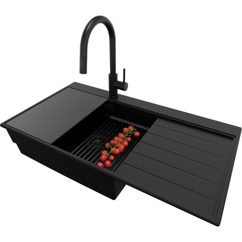 PRIMAGRAN Evier Cuisine en Granit 90x50cm,Lavabo 1 bac + Robinet 40x20cm + Kit de Vidage + Accessoires, Évier à Encastrer au meuble 60cm - Sydney, Tout Noir (1/5)
