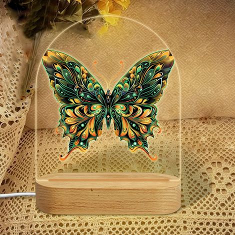 Veilleuse en forme d'arc avec papillon vert-doré à plumes  Lampe LED 7 couleurs  Décoration chambre bébé  Cadeau fille garçon (1/5)