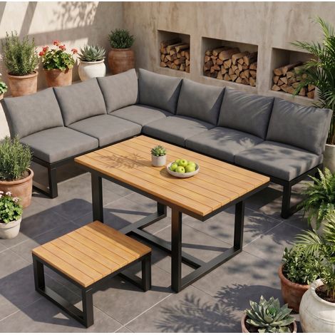 Muebles de jardin 6 plazas de metal y madera sintetica gris, con respaldo reclinable (1/5)