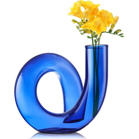 Vase en Verre, Fait à La Main, Bleu Géométrique pour Centres de Table Modernes, Salon, Bureau, Vase Abstrait de 12cm pour Fleurs (1/5)