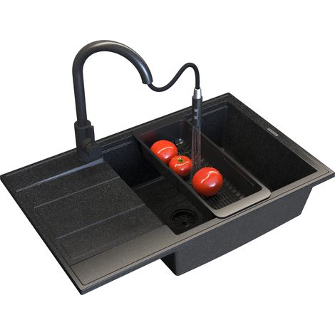 Évier de Cuisine en Granit 80 x 50 cm Noir Moucheté, 1 Cuve avec Égouttoir, Robinet LOSETO Noir, Siphon Noir, Panier Égouttoir LOUIS (1/5)