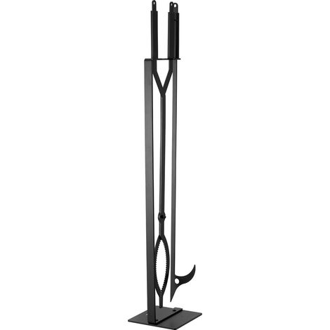 Ensemble d'outils de cheminée, 3 pièces avec support, pince et tisonnier en fer forgé, pour feu de camp, intérieur/extérieur, noir. (1/5)