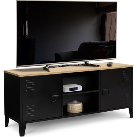 Idmarket – Meuble TV 113 cm – 2 portes métal noir – Plateau bois façon hêtre – Style industriel – Compartiments ouverts pour box et déco