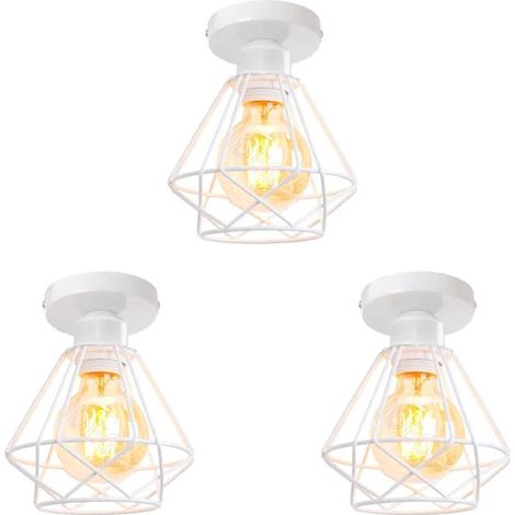 3x Moderne Plafonnier Industriel,Suspension Luminaire Vintage en Métal E27 Éclairage de Plafond Design Cage Géométrique,Blanc (1/5)