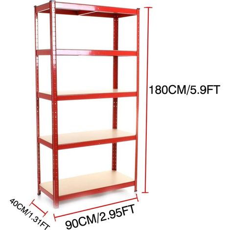 5 Tier Shelving Unit Shed Garage Storage Freestanding Shelves System - 875Kg Capacity - 175Kg Per Shelf - Ideal Office, Garden, Studio, Workshop - 180 x 90 x 40cm - Red (1/5)
