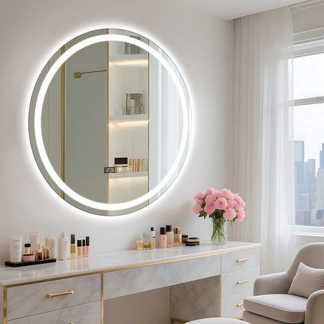 Miroir de salle de bain avec lumière LED, miroir de salle de bain intelligent antibuée sans perforation, 60 × 60 cm, avec affichage de l'heure et de la température. (1/5)