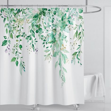 Filiyano-Rideau de douche en eucalyptus vert émeraude, motif de feuilles entrelacées et fleurs, avec crochets, L 240 x H 180 cm