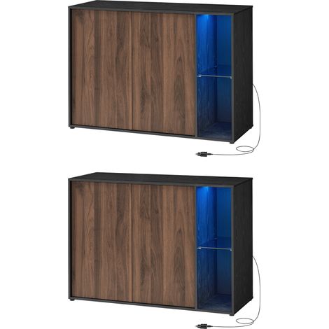 SONGMICS HOME Assemblage Ultra-rapide sans Outils Toolless, Buffet, Lot de 2, Meuble de Rangement, Meuble TV, Avec Éclairage et Étagère en Verre, Minimaliste, Noyer Naturel et Noir Boisé (1/5)
