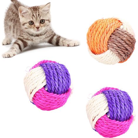 Pack de 3 pelotas para gatos, pelotas de sisal, pelotas para buscar y traer, pelotas interactivas para gatos, pelotas rodantes interactivas, pelotas ecológicas para gatitos, aptas para gatos y perros 