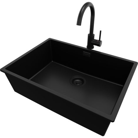 PRIMAGRAN Evier Sous Plan 66x47cm, Evier en Granit 1 bac + Robinet 32x20cm + Kit de Vidage, Évier au meuble 70cm - London, Tout Noir (1/5)