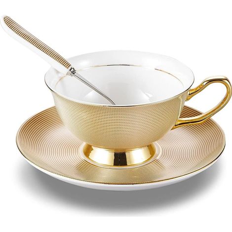 Englisches Bone China Tassen- und Untertassenset, Tee- und Kaffeeservice mit Löffel, Gold - 1 Set 200 ml