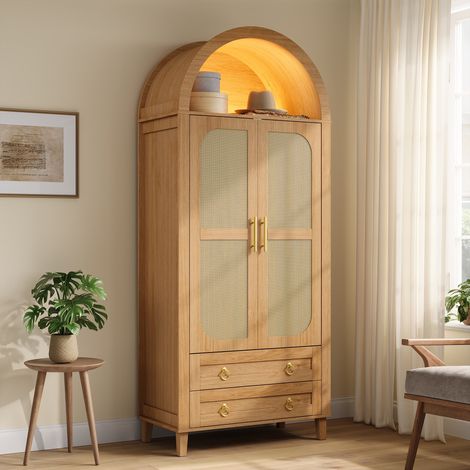 Armario ropero con forma de arco y LED, 2 puertas efecto rejilla de ratán y 2 cajones, barra para colgar integrada, estilo vintage para dormitorio y vestidor, color roble (1/5)