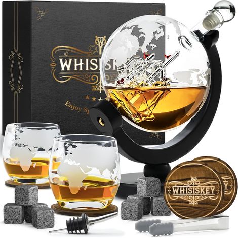 Carafe Whisky - Carafe à Whisky - 900ML - Coffret Cadeau Homme - Coffret Whisky Luxueux - Idee Noel - Decanter avec 2 Verre à Whisky, 8 Pierre a Whisky, Whiskey Accessories