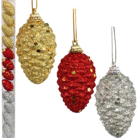 12 palline decorative a forma di pigna da 7 cm con glitter in 3 colori (1/5)