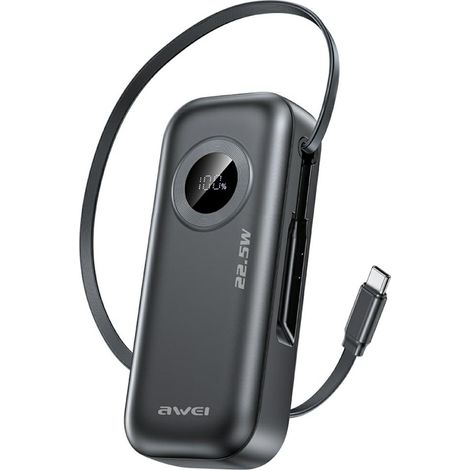 Awei Powerbank PA-9 10000mAh 22,5W mit ausziehbarem Kabel, schwarz (1/3)