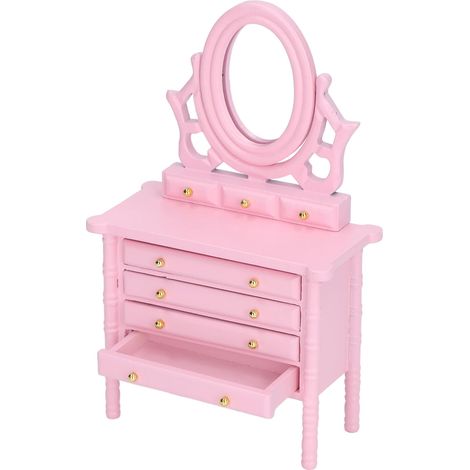 Table de toilette miniature en bois rose à l'échelle 1:12, avec miroir, très réaliste. (1/5)