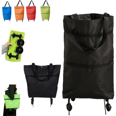Chariot De Courses Pliable,Noir, Chariot 2 en 1 RéUtilisable, Sacs De Courses Pliable avec roulettes pour Le Shopping à Domicile Supermarché (1/5)