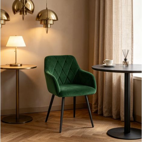 Silla de comedor tapizada en terciopelo verde oscuro con reposabrazos y patas metálicas OKWISH (1/5)