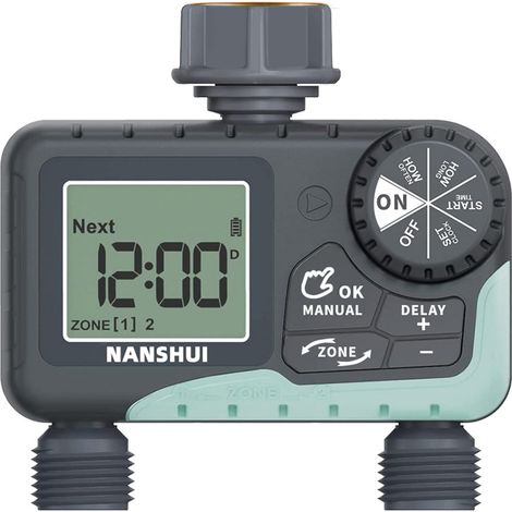 2-Wege-Bewässerungstimer, manuelle, automatische und schnelle Funktion, einfache Verwendung, mit LCD-Display, flexible Bewässerungszeit für Garten und Gewächshaus