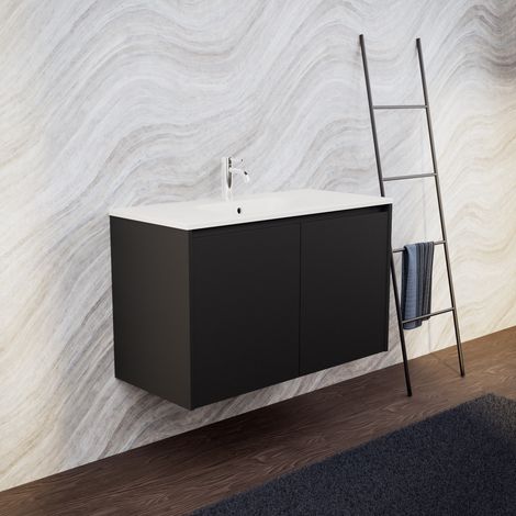 Inda - Badezimmerschrank B.100 mit mattiertem Waschbecken / Mattschwarz 2 Türen - Saphir (1/5)