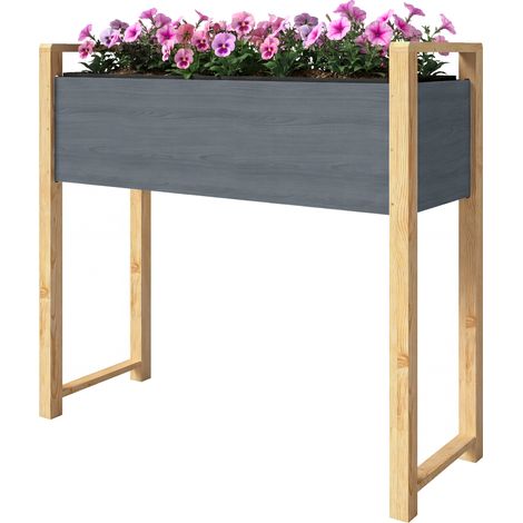 Hochbeet mit Füßen, 90 cm x 90 cm großes Gemüsebeet, grau, 4 Abflusslöcher und Vliesabdeckung, 98 x 37 cm