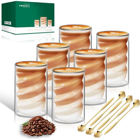Verres à Latte Macchiato 400ml Lot de 6 avec 6 cuillères, double paroi, verre borosilicaté