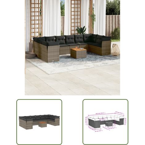 The Living Store 11-tlg. Garten-Sofagarnitur mit Kissen Grau Poly Rattan - Gartenmöbel - Outdoor Möbel - Rattan Gartenmöbel - Lounge Set - Esstischgarnitur (1/3)