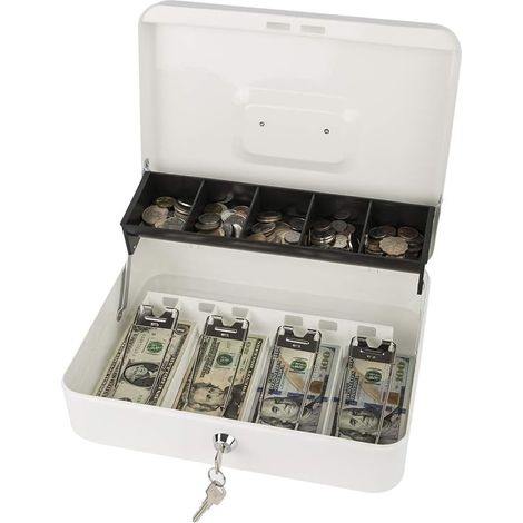 Locking Cash Box with Lock,Money Box with Cash Tray,Lock Safe Box with Key,Money Saving Organizer,11.81Lx 9.45Wx 3.54H Inches,White XL Large (1/5)