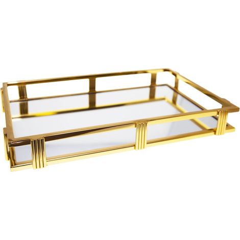 Plateau miroir rectangulaire de service et décoration en acier doré 42 x 27 x 5 cm - PANGIVO (1/5)