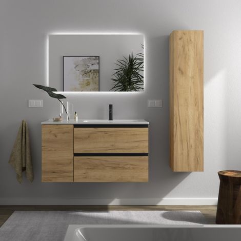 Meuble de salle de bain BEQUIA PLUS METAL 100cm Chêne Vasque Porcelaine Robinet à droite 1P (1/5)