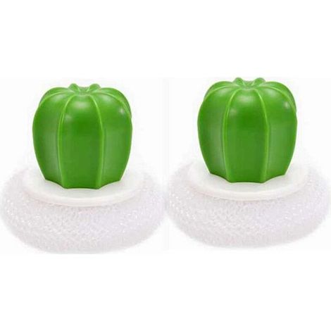 2pcs pinceaux de Cuisine en Forme de Cactus créatifs, Cactus Pot Fil éponge Boule Plat Brosse de Lavage en Acier Inoxydable récureurs Brosse de Nettoyage avec poignée en Plastique Blanc (1/4)