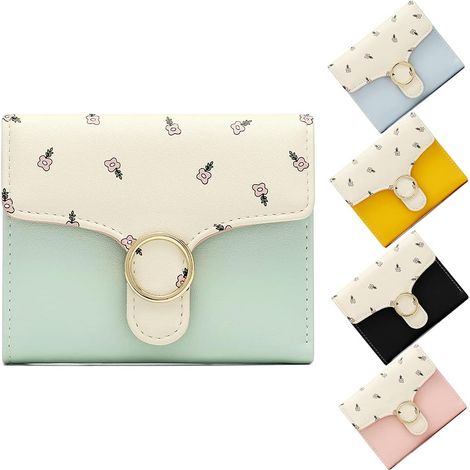 Porte-cartes de crédit en cuir PU court à boucle multi-fentes pour femmes (vert fleuri-clair)