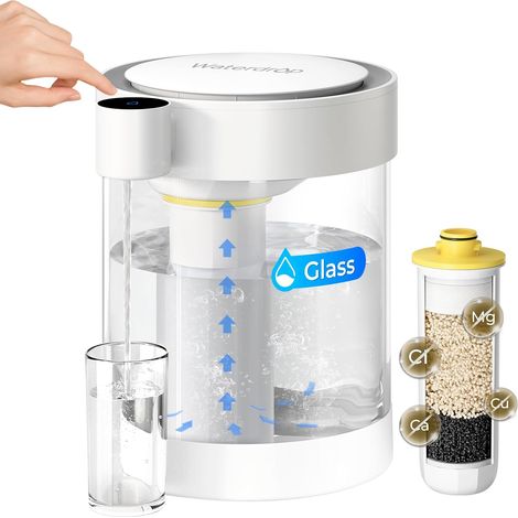 Waterdrop Glass Large 22-Cup Rechargeable Water Filter Dispenser, Reduce 70+ Contaminants, Instant Eco-Friendly Countertop Water Filter System, 5-Stage Soften Water Pitcher, with 1 Filter (1/5)