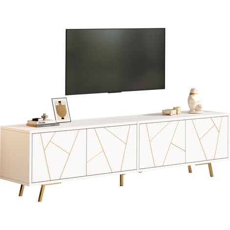 Mueble TV con 4 Puertas, 8 Huecos y Estante Ajustable, en Tablero de Partículas, Blanco y Dorado, 190×40×51.5 cm (1/5)