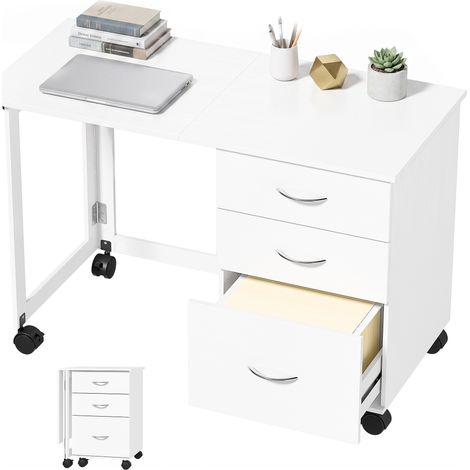 Arbeitstisch, klappbar, 3 Schubladen, weiß, 107 × 50 × 72 cm, Spanplatte, MDF (1/5)
