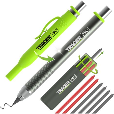 Tracer Pro Series - Matita per costruzione in metallo resistente, con 6 mine di ricambio e fondine per sito, kit di marcatura in alluminio tutto in uno (1/5)