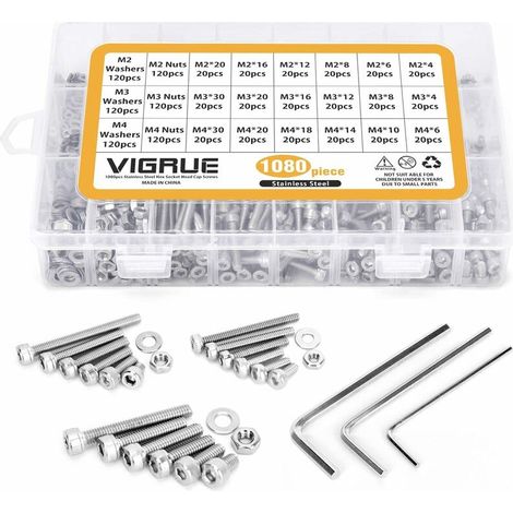 Kit 1080PCS M2 M3 M4 en Acier inoxydable Bouton à tête hexagonale Socket Tête Câble Boulons Vis avec écrous Assortiment