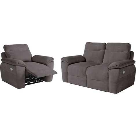 PACK - Canapé de relaxation ROSS électrique 2 places et fauteuil en velours côtelé - Gris (1/5)